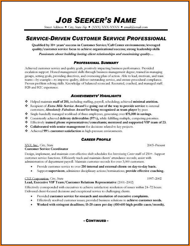 Customer Service Resume Template Free