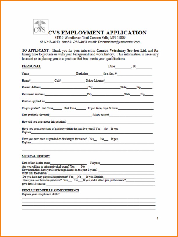 Cvs Job Application Form
