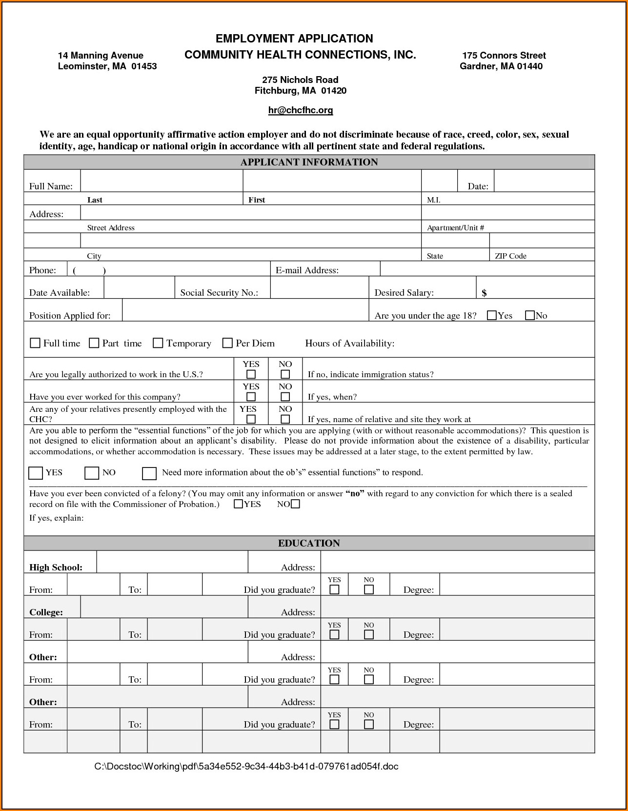 Employment Application Form Template Free Download