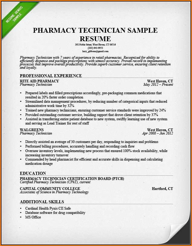 Example Of Pharmacy Technician Resume