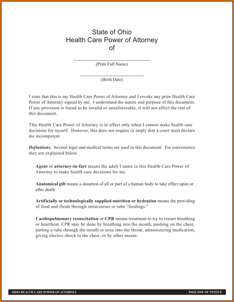 Health Care Power Of Attorney Form Ohio