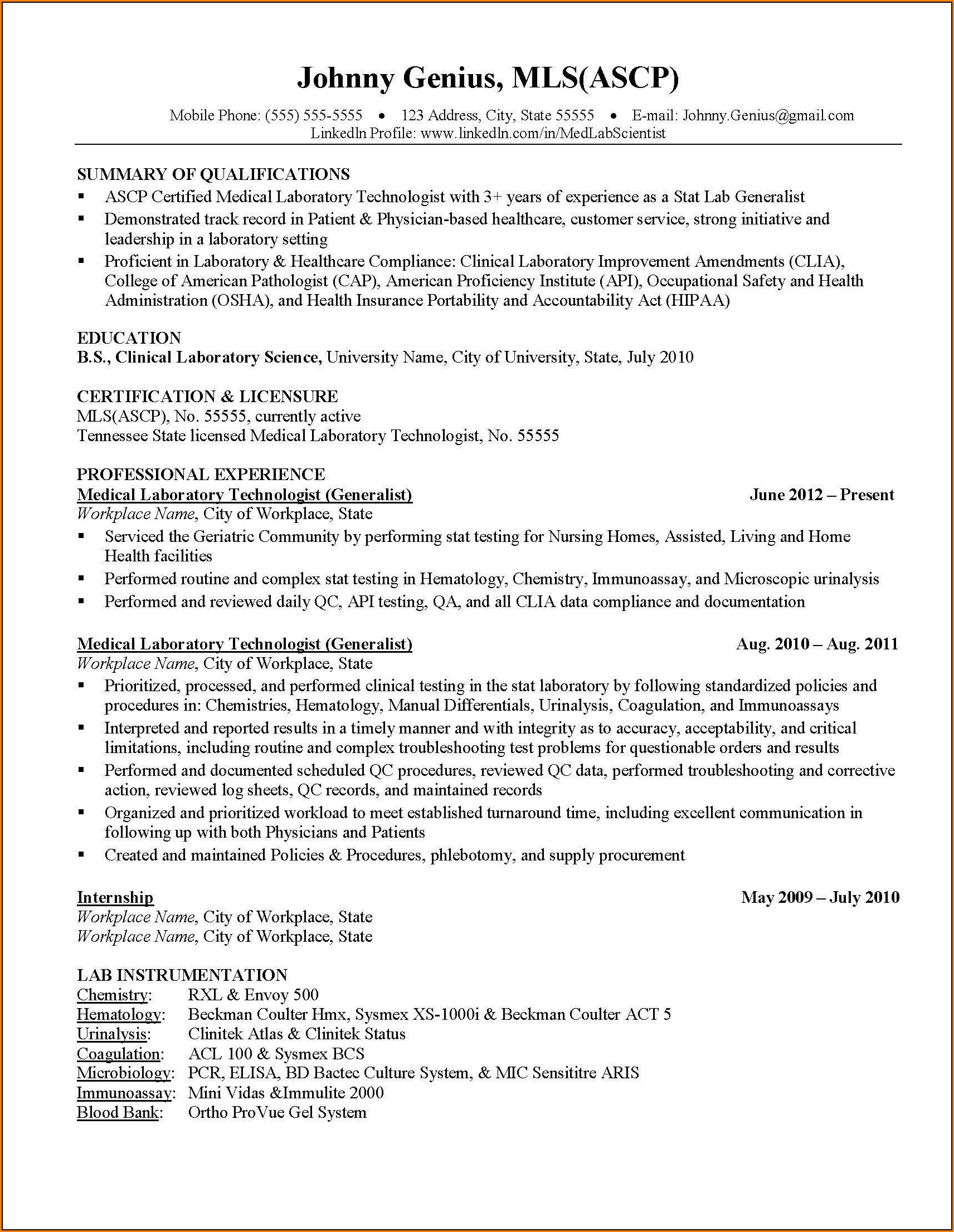 Medical Technologist Resume And Cover Letter Templates
