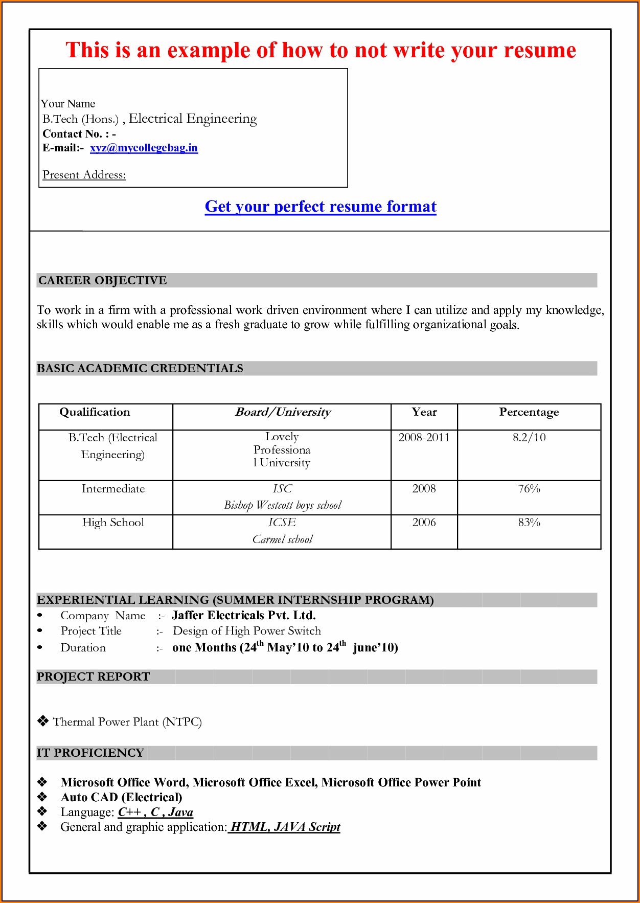 Resume Format Free Download In Ms Word 2007