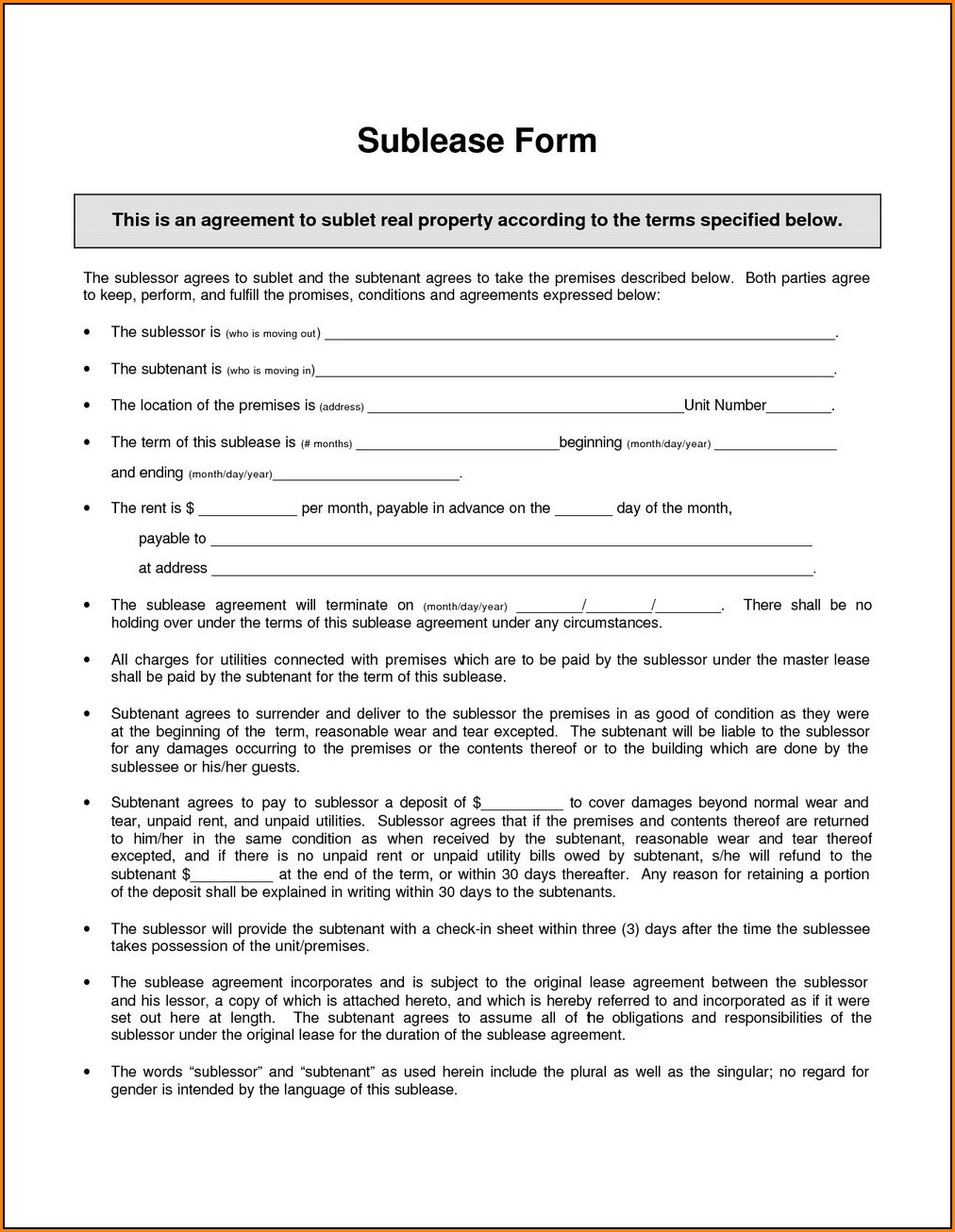 Sublease Agreement Form Bc
