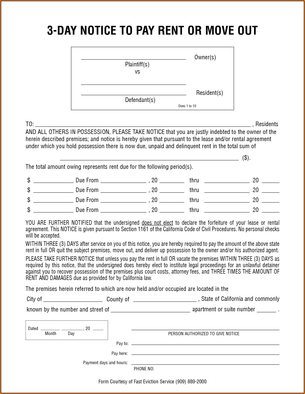 3 Day Eviction Notice Form California