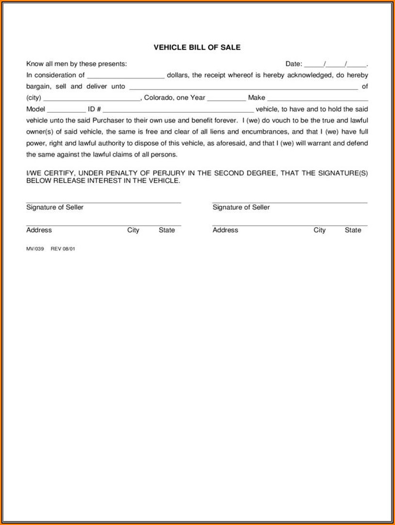 Bill Of Sale Colorado Word Template