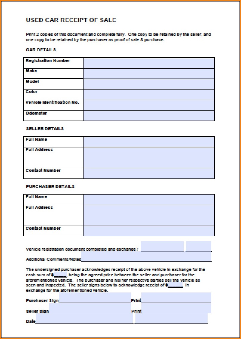 Car Sales Receipt Template