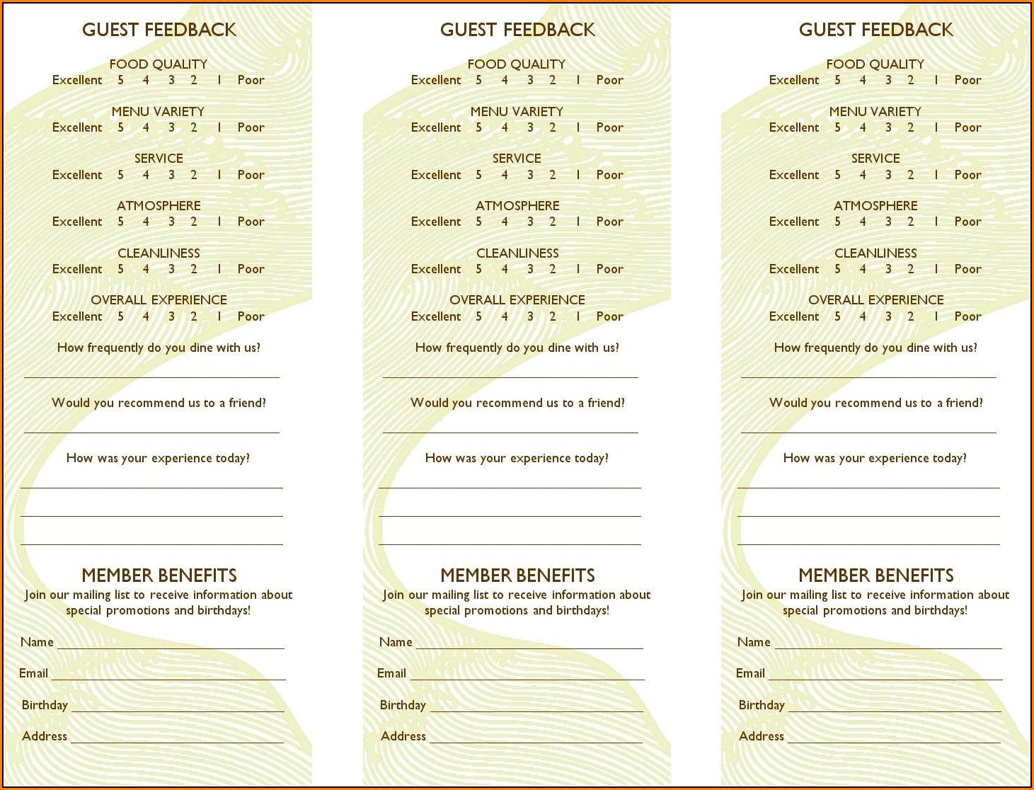 Comment Card Template For Restaurants
