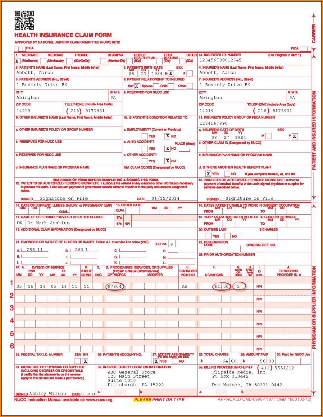 Completed Cms 1500 Form Sample