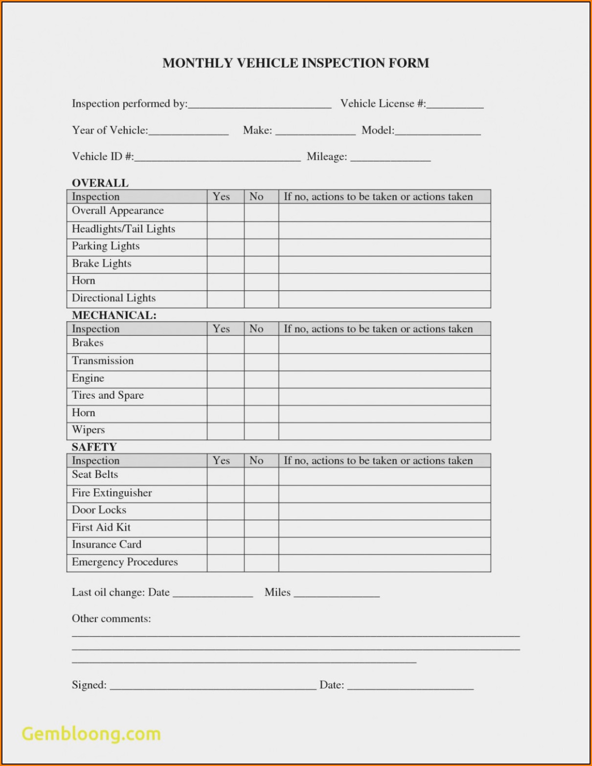 Daily Vehicle Inspection Form Template