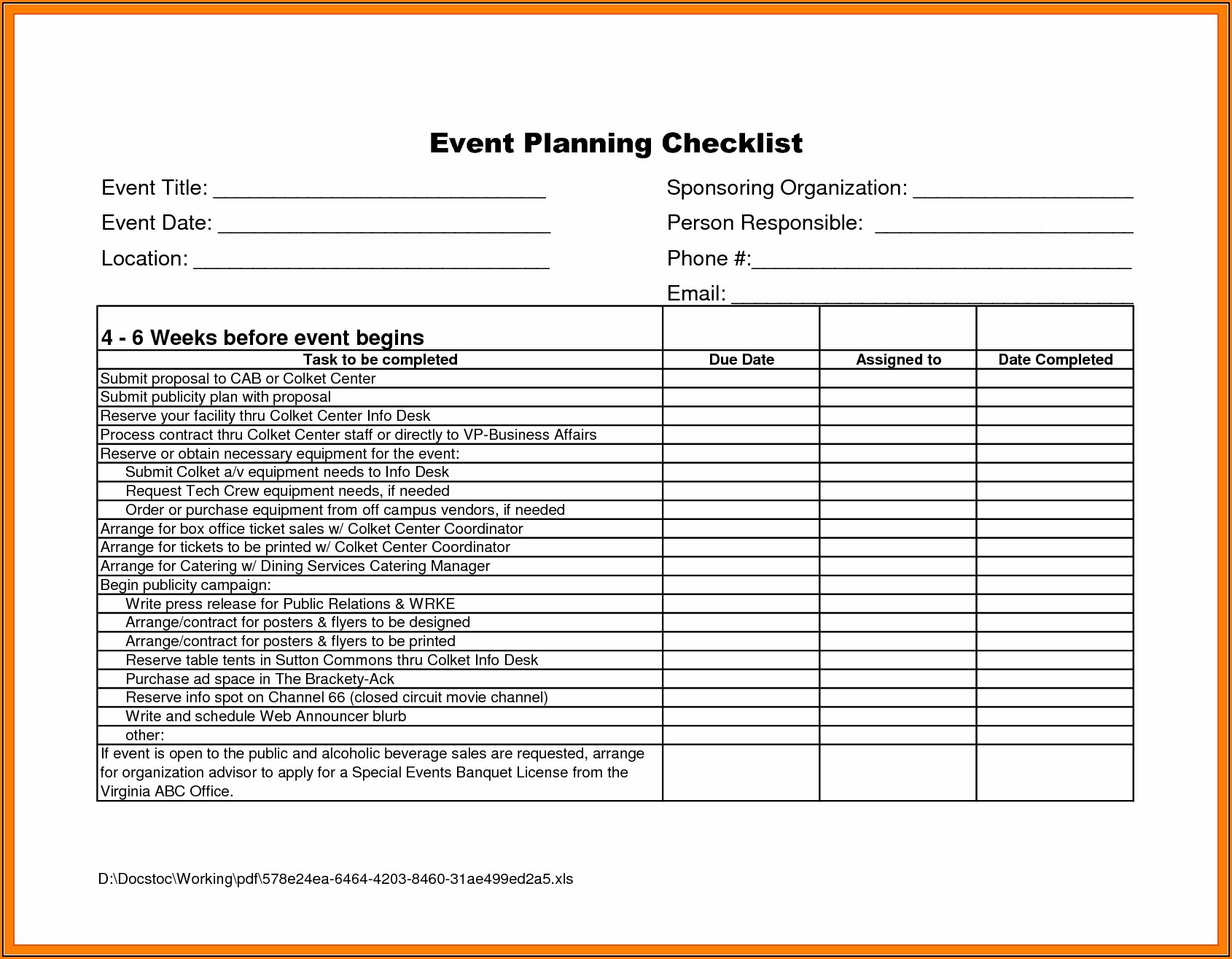 Event Planning Checklist Template Excel