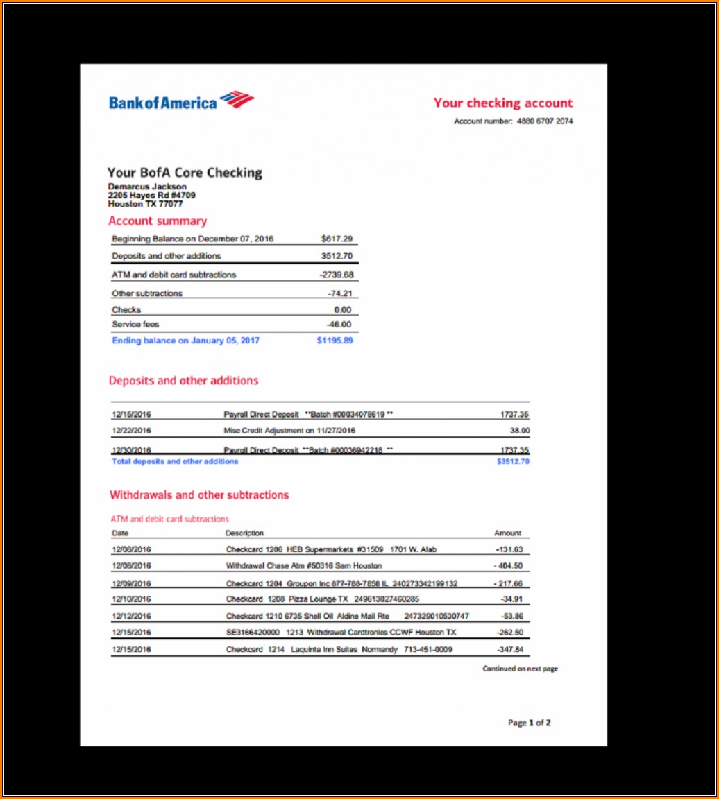 Fake Bank Of America Statement Template