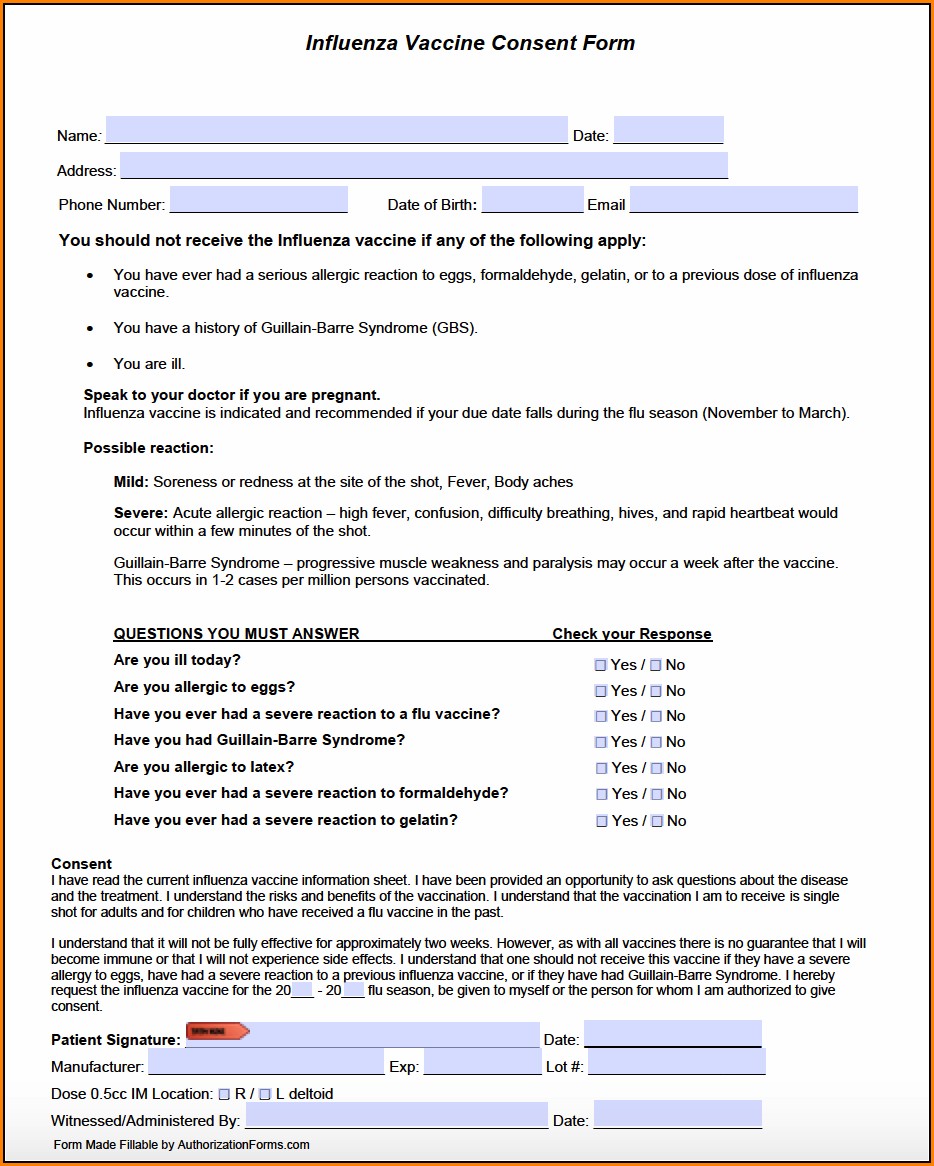 Flu Vaccine Consent Form For Adults