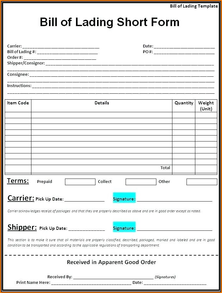 Free Printable Bill Of Lading Short Form