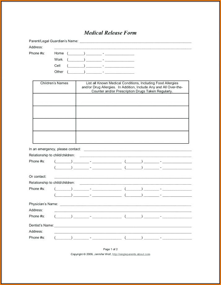 Free Printable Medical Release Form For Child