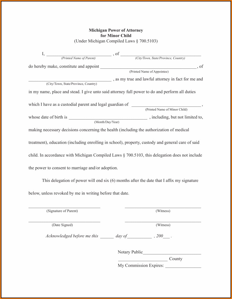 Free Printable Power Of Attorney Forms For Michigan