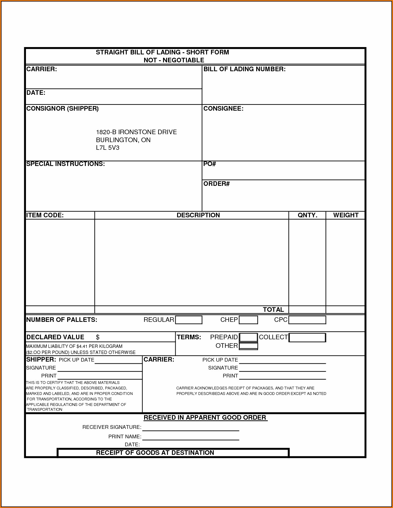 Free Printable Straight Bill Of Lading Short Form