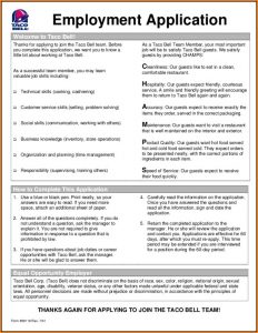 Job Application Form For Taco Bell