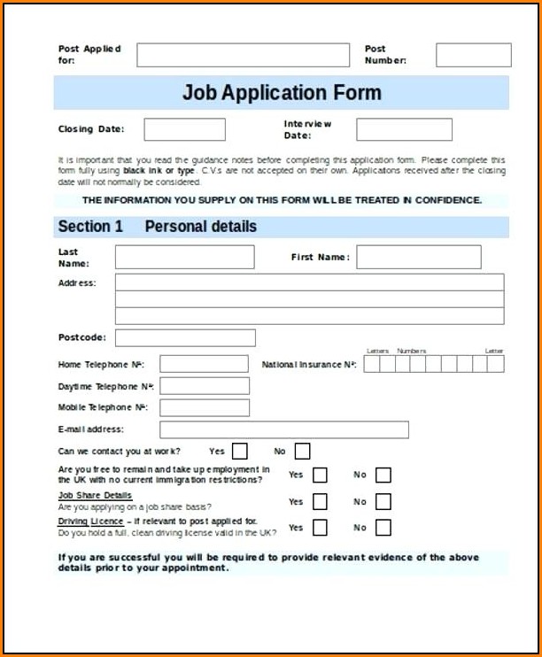 Job Application Form Template Uk Free