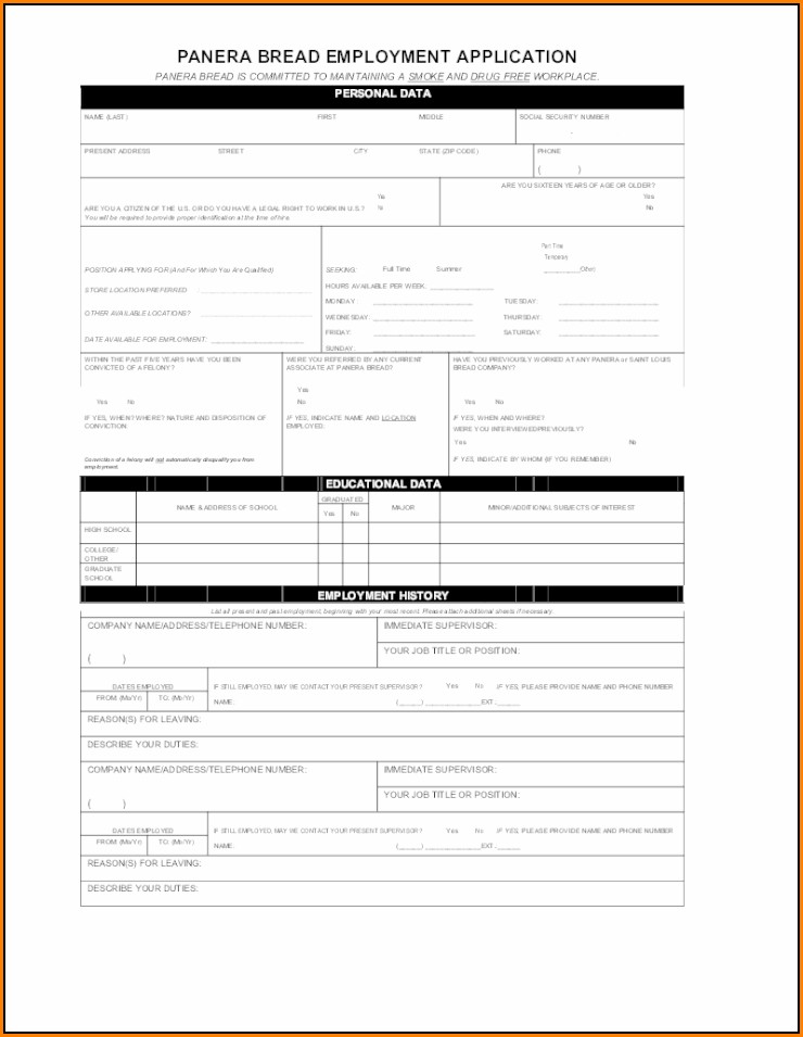 Panera Bread Job Application Form Printable