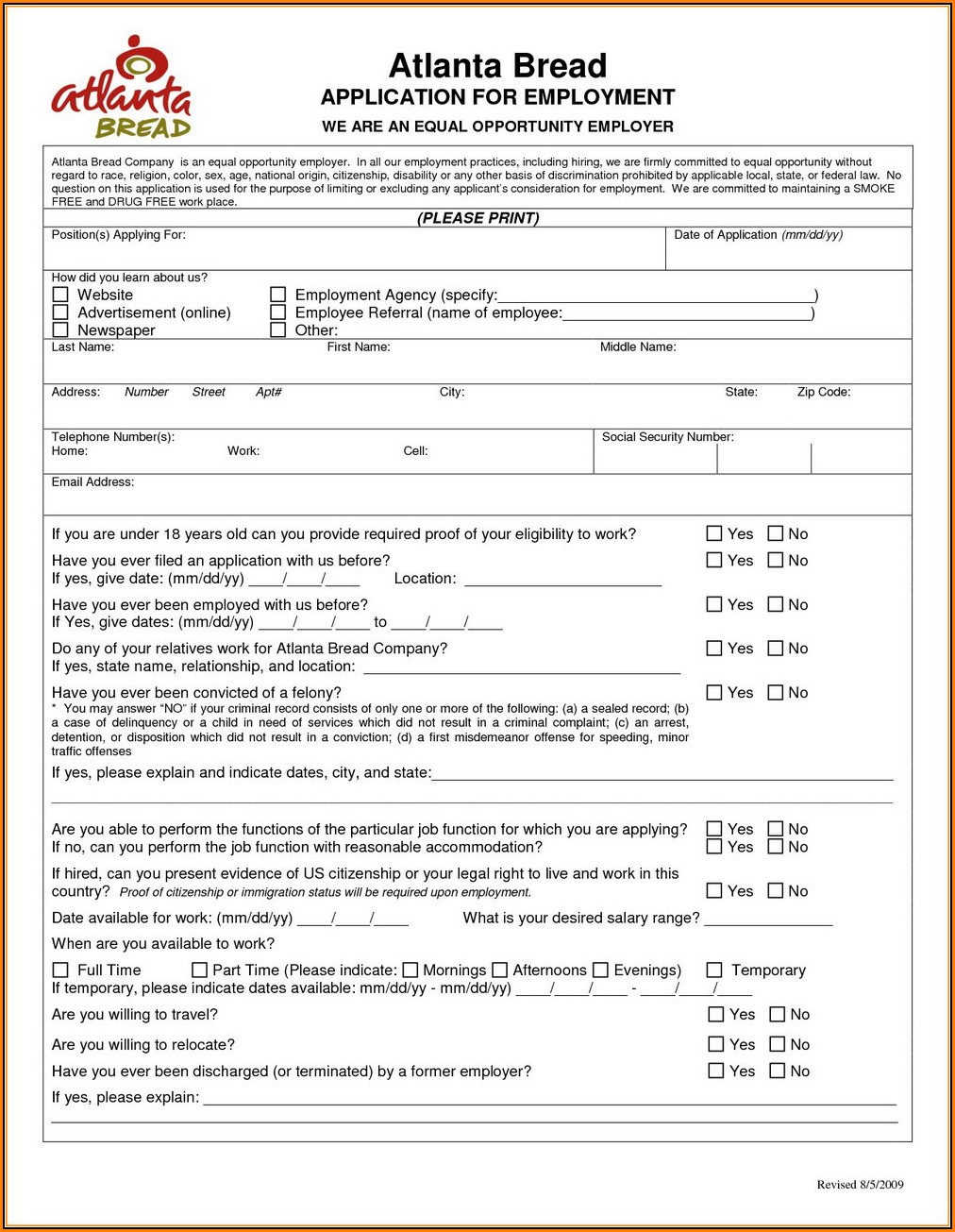 Panera Bread Jobs Application Form