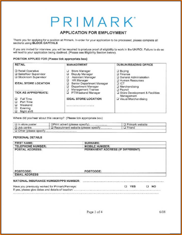 Primark Jobs Application Form Online