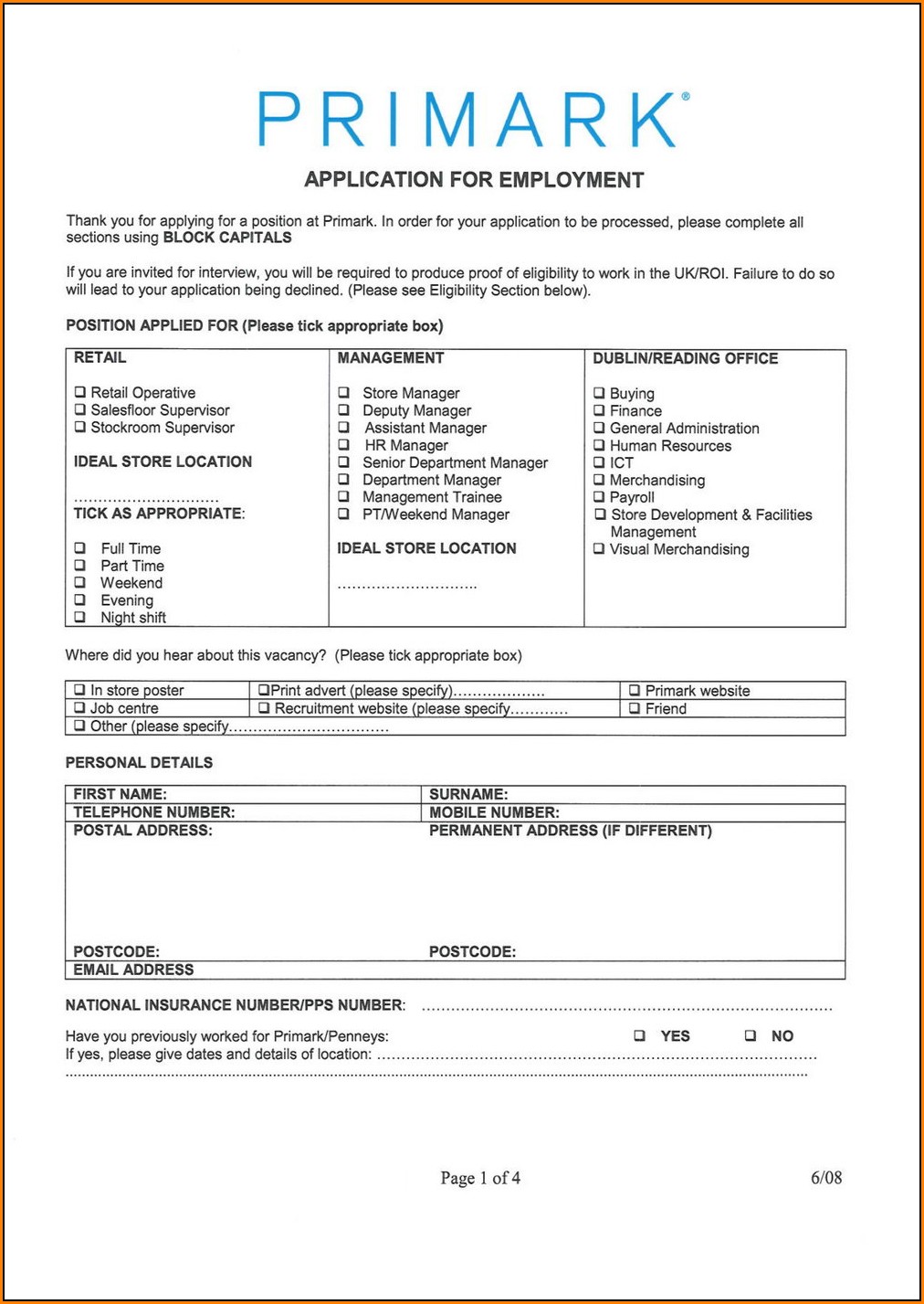 Primark Jobs Application Form