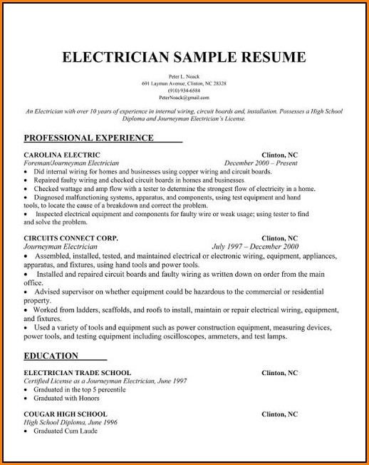 Resume Samples For Electricians