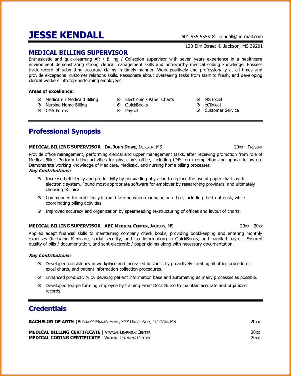 Sample Resume For Medical Billing Specialist