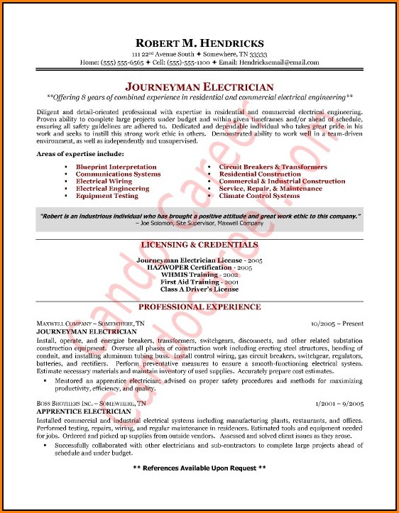 Sample Resumes For Electricians