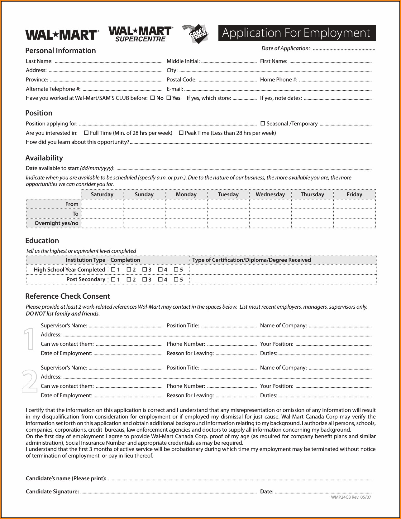 Walmart Job Application Form Pdf
