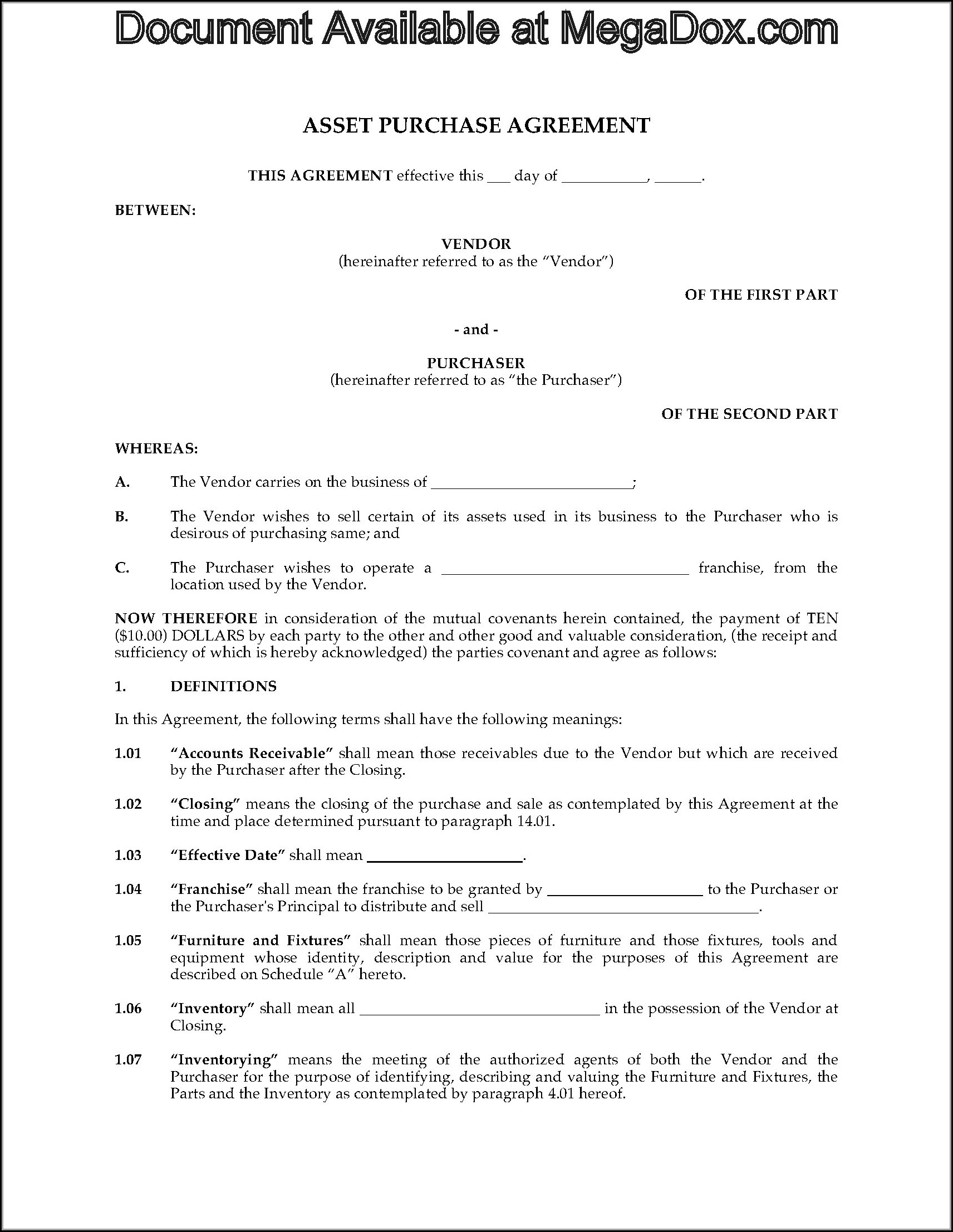 Asset Purchase Agreement Template Canada