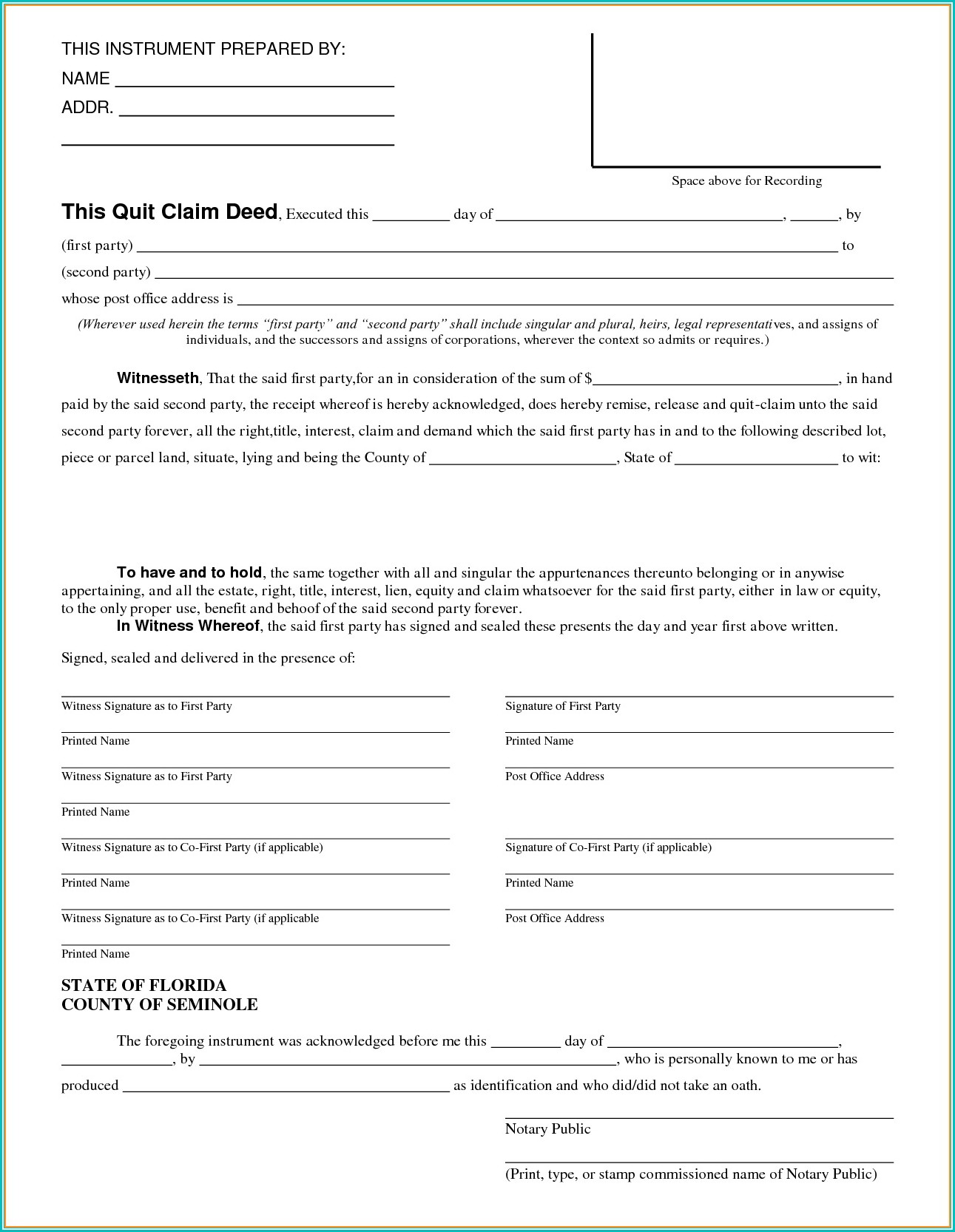 Quit Claim Deed Form Illinois Cook County