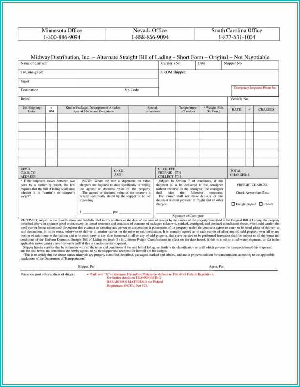 Straight Bill Of Lading Short Form Template