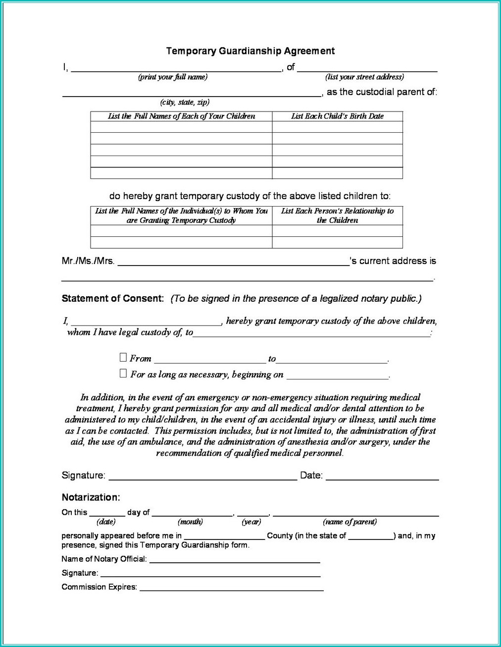 Temporary Guardianship Forms California