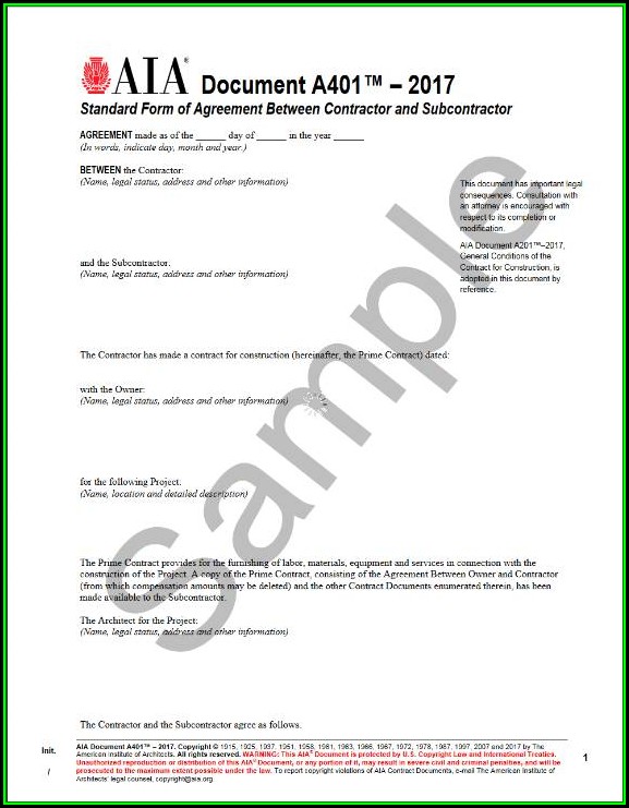 Aia Standard Form Of Agreement Between Contractor And Subcontractor