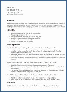 Auto Body Shop Estimator Resume