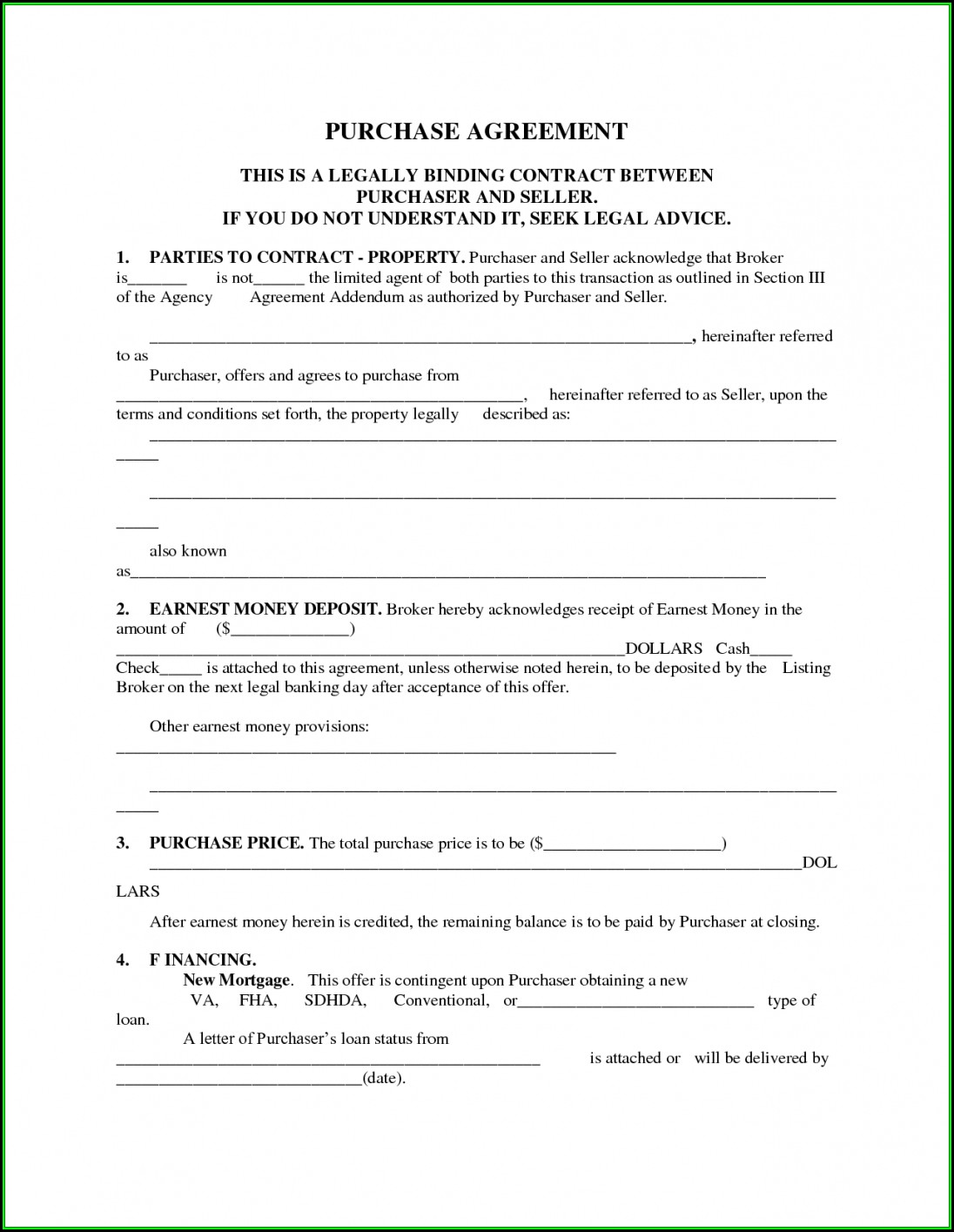Blank Home Purchase Agreement Form