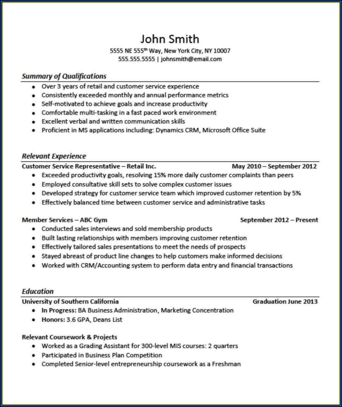 Example Of Good Resume With No Job Experience