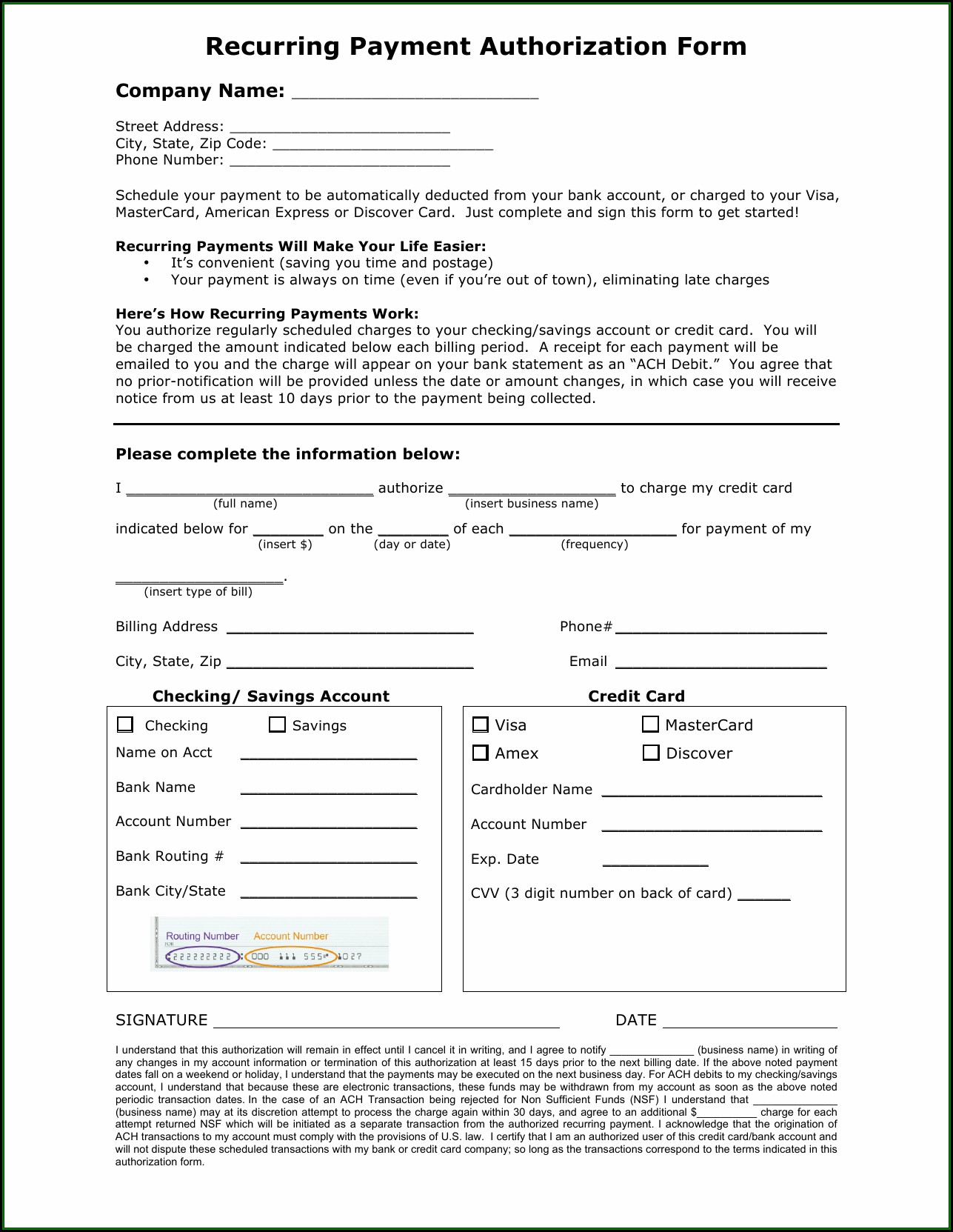 Ach Payment Authorization Form Template