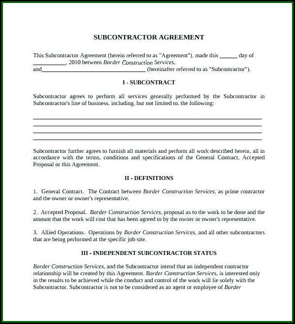 Construction Subcontractor Agreement Template Canada