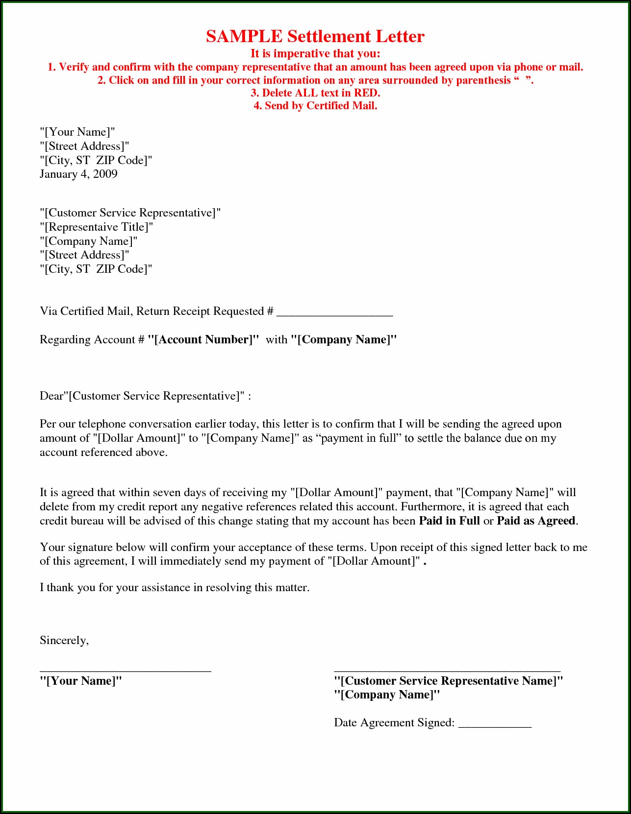 Debt Settlement Agreement Letter Template