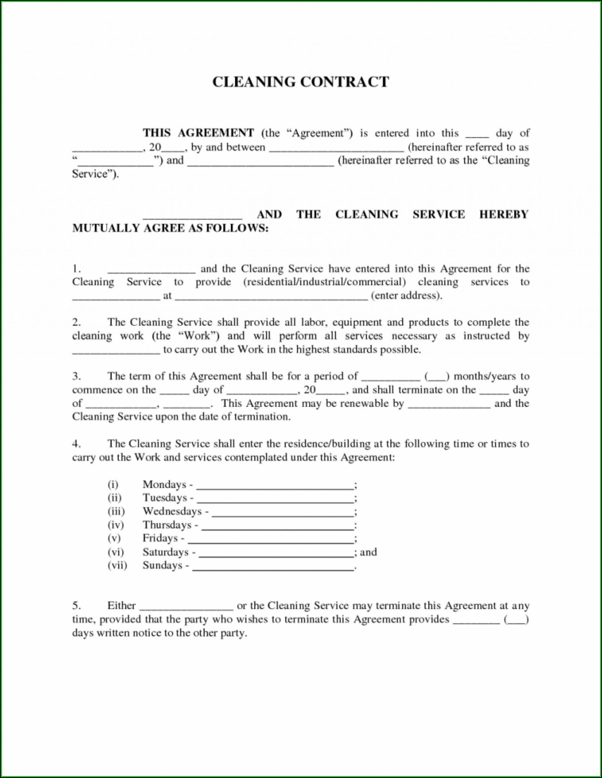 Cleaning Contract Template Nz