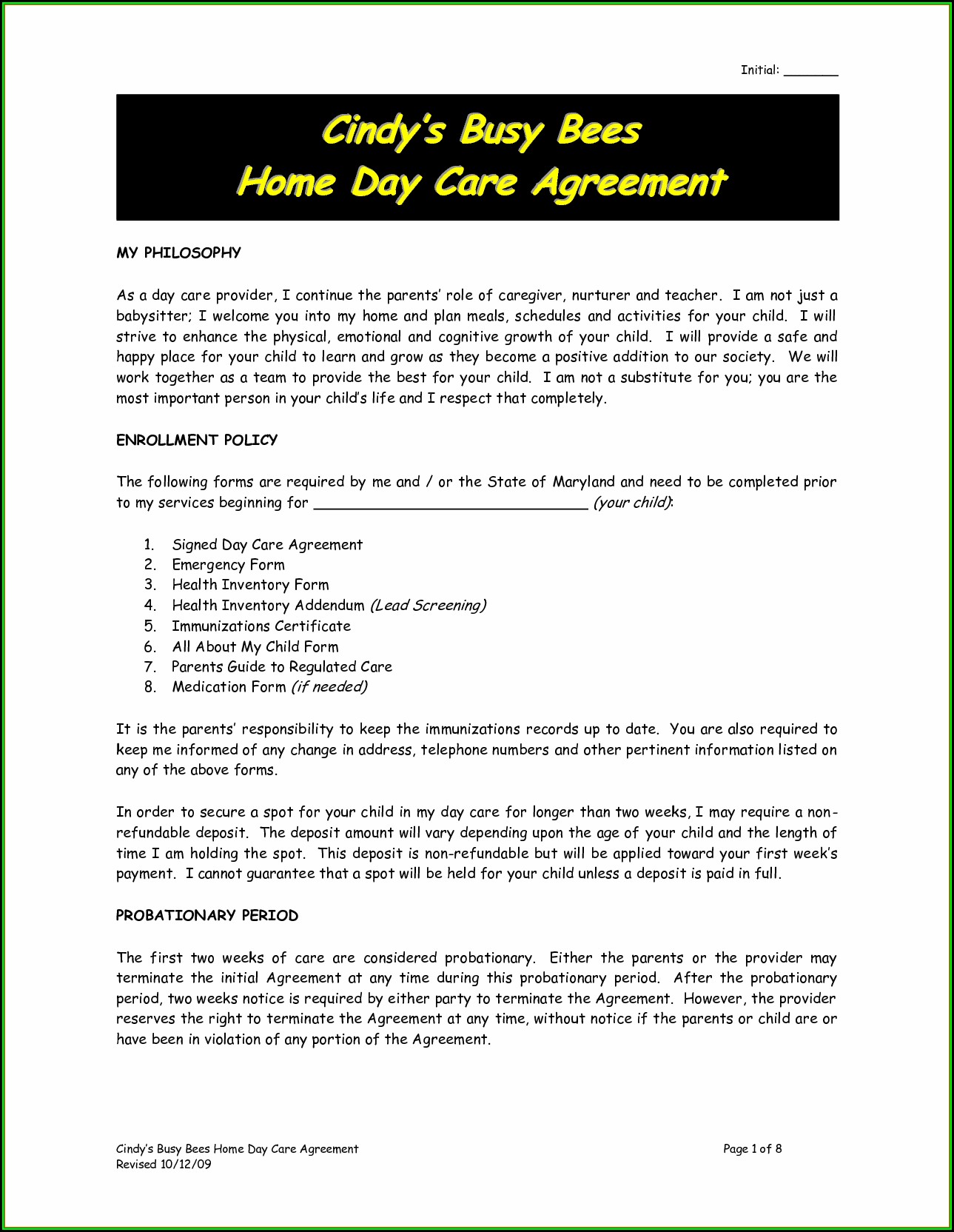 Daycare Contract Sample
