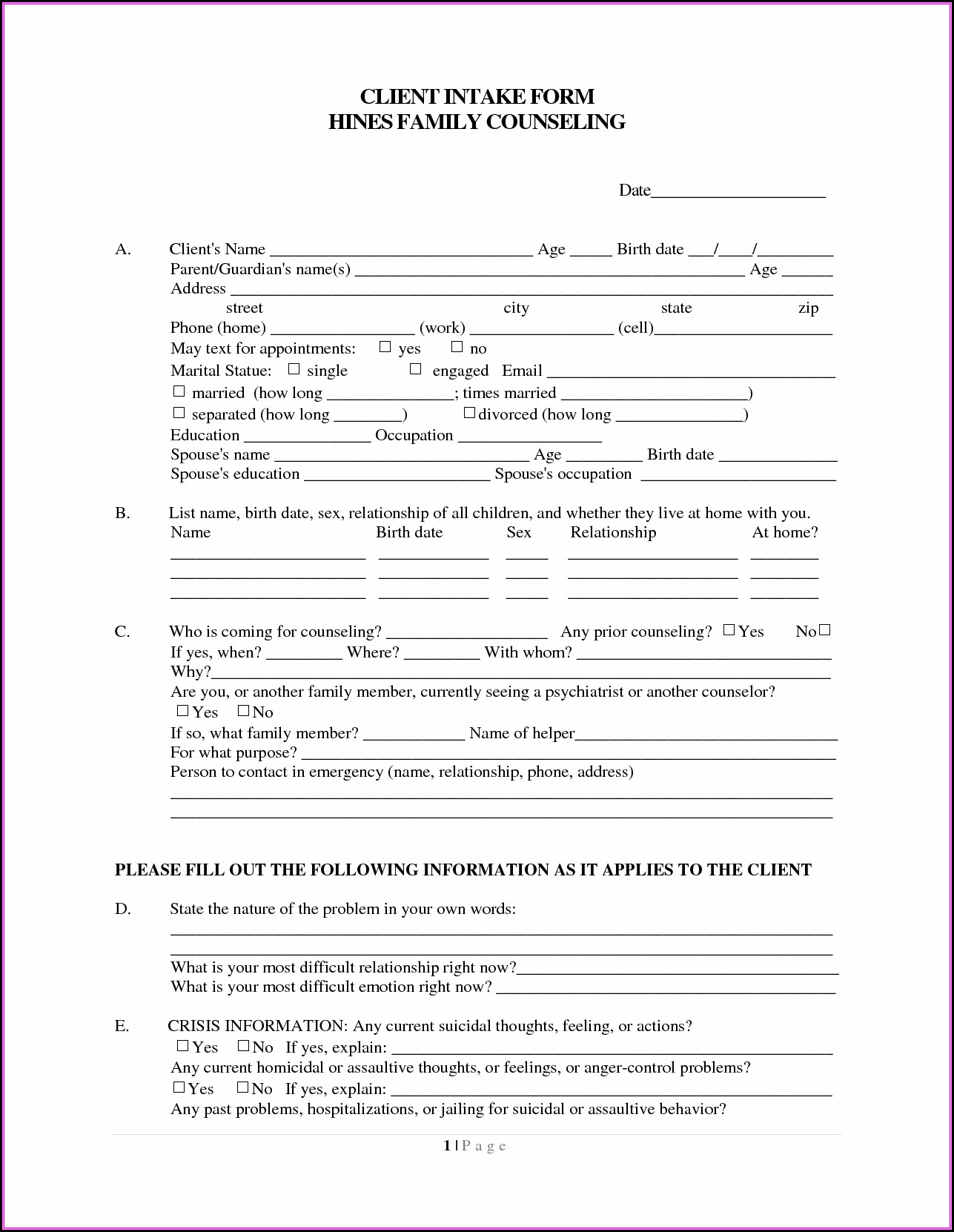 Counseling Intake Forms Templates