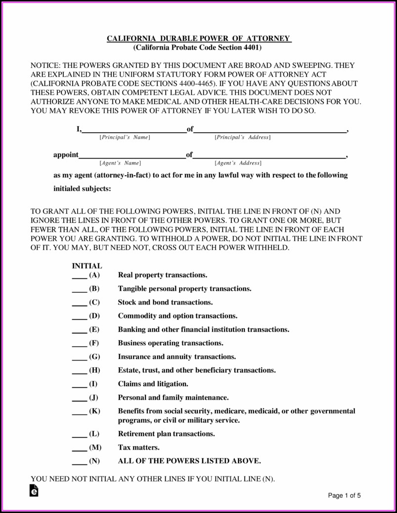 Durable Power Of Attorney California Form Pdf