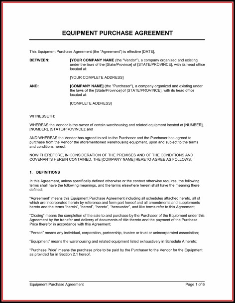Equipment Purchase Agreement Template Word