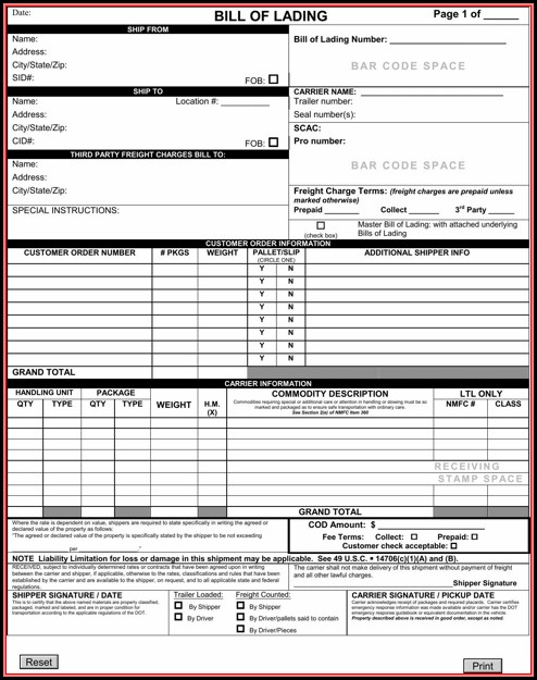 Free Bill Of Lading Form Download