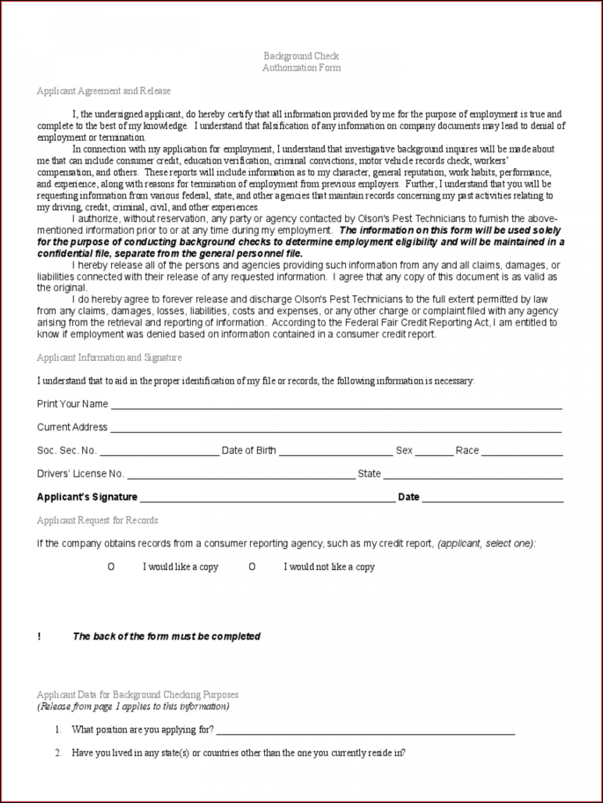 Free Criminal Background Check Authorization Form Template