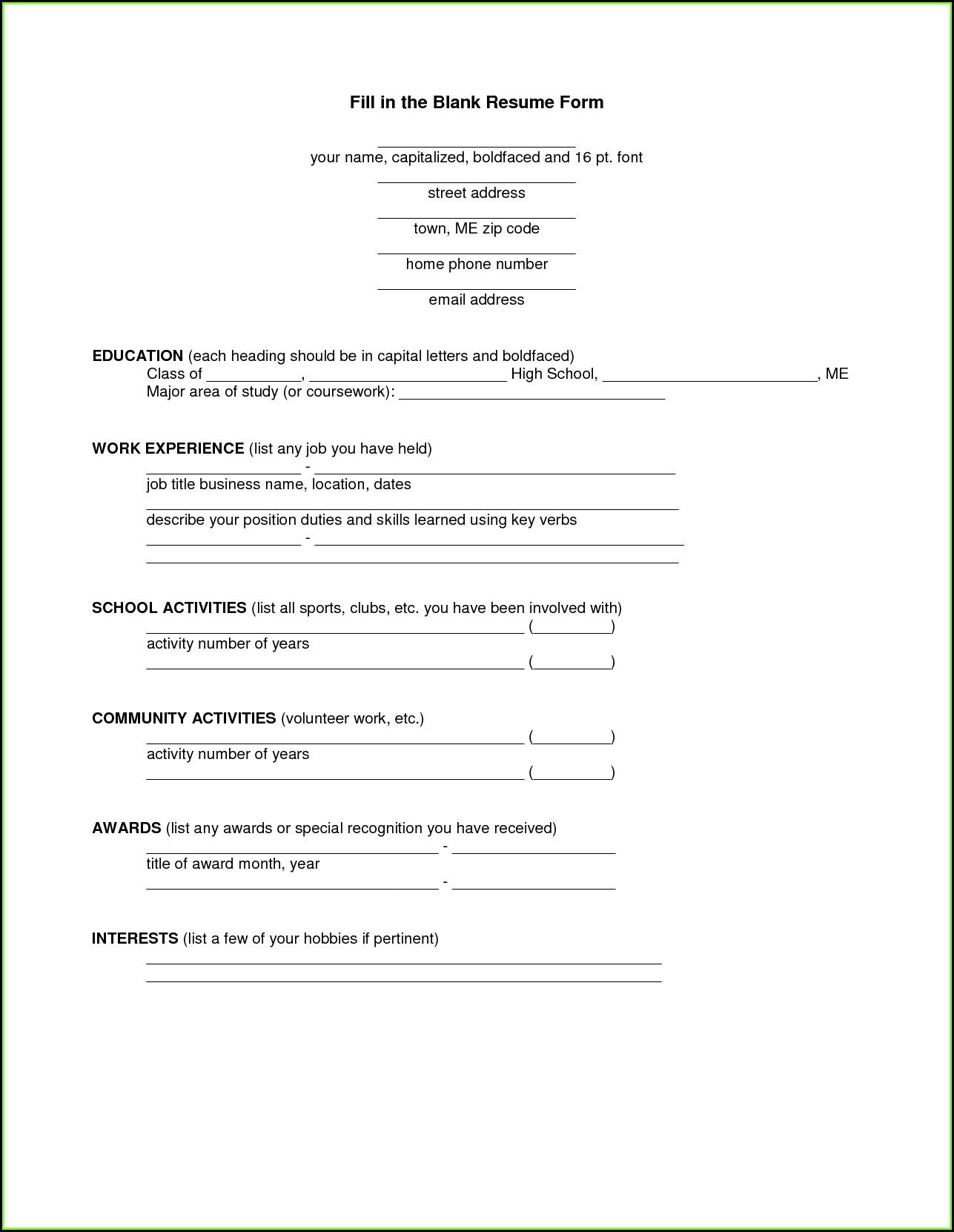 Free Fill In Resume